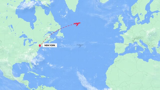 Animated flight path map showing an international travel route from New York to Belgrade on a green and blue world map.