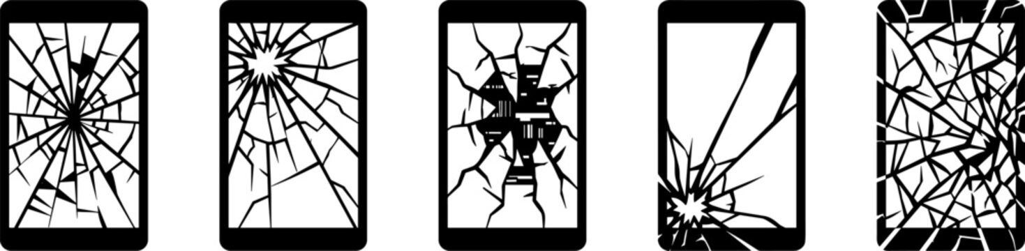 Five smartphone icons with various cracked screen patterns