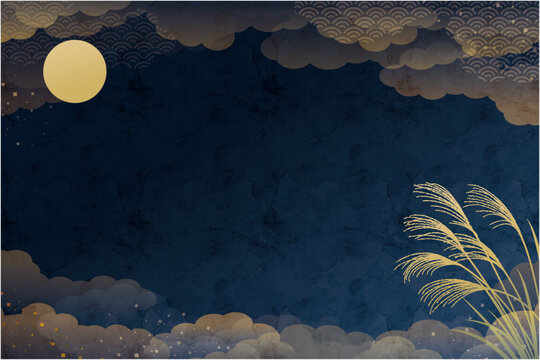 Full Moon and Pampas Grass on Dark Blue Japanese Autumn Background