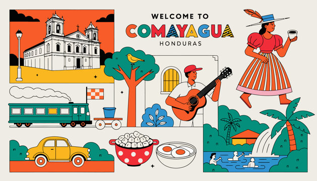 Welcome to Comayagua, Honduras - Vibrant Illustrated Collage of Culture, Landmarks, and Lifestyle