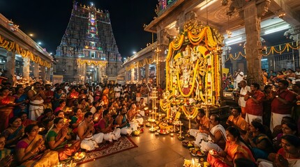 Obraz premium Devotees praying at a grand illuminated hindu temple during a religious festival ceremony at night