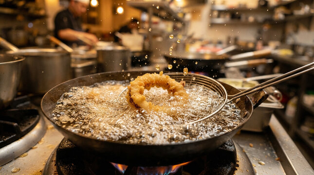 Calamari ring deep frying in hot bubbling oil in professional kitchen