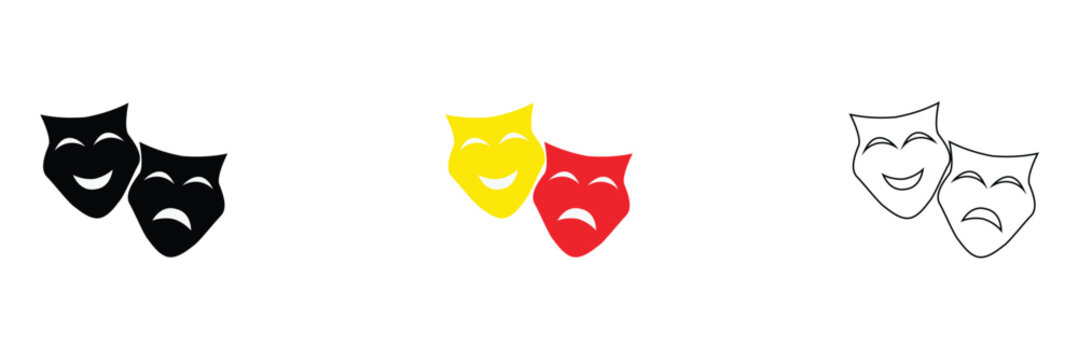 Theater Masks Icon Set, Comedy and Tragedy Theater Mask Symbols in Black, Color and Outline Styles, Editable Vector Illustration Collection