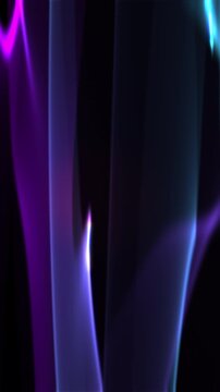 Motion graphics of glowing abstract vertical light waves and smooth flowing neon smoke ribbons over dark background