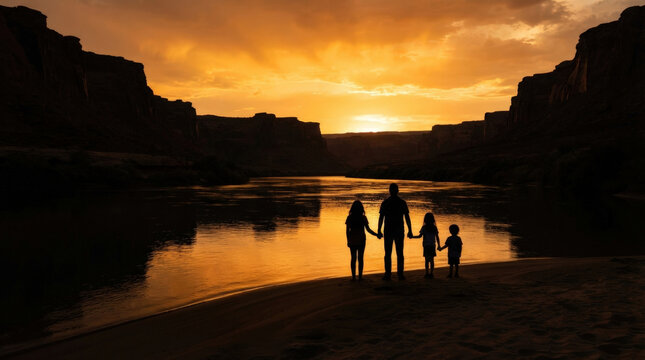 Family standing on river bank at canyon sunset featuring dramatic orange sky and rugged rock formations for outdoor exploration.