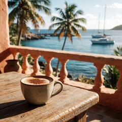 Fototapeta premium Warm cup of coffee sits on wooden table. Tropical ocean view with palm trees and sailboats in background. Morning sunlight streams onto balcony.