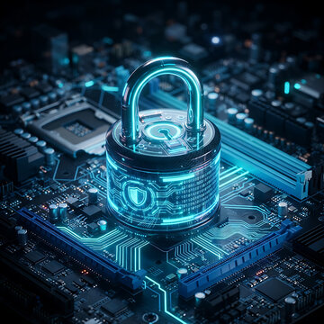 Futuristic blue glowing cyber security padlock icon on tech circuit background