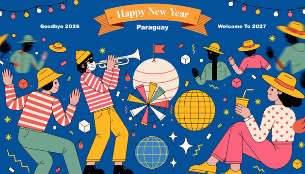 Happy New Year Paraguay 2027 Celebration, Festive People Dancing and Music, Goodbye 2026, Welcome 2027