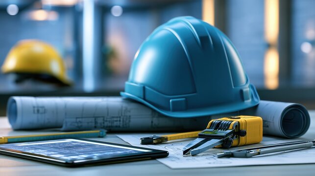 Professional Construction Workspace with Blue Hard Hat, Drafting Tools, Orange Measuring Tape, and Digital Tablet on Architectural Plans in Modern Office Setting