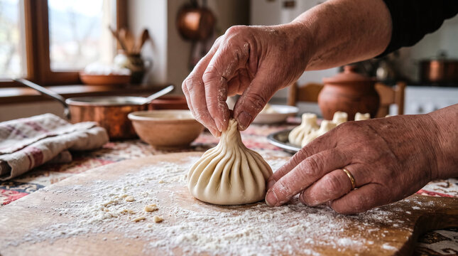 Hands making traditional Georgian khinkali dumpling on floured wooden board