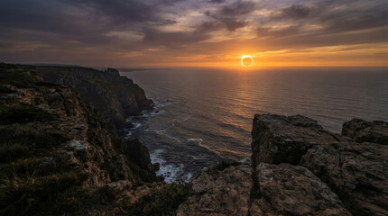 Fototapeta premium Annular solar eclipse above rugged cliff coastline overlooking calm ocean waters during golden hour sunset landscape photography.
