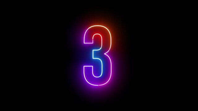Colorful Neon Glow Number Three Animation on Black Background, Bright Digital Countdown and Numeric Motion Graphic Element