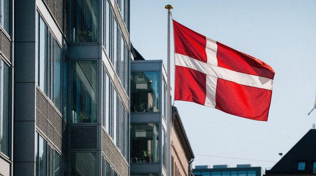 Danish flag waves on tall pole in front of modern glass office building. Red flag with white cross flies against blue sky. National symbol of Denmark in urban city setting on sunny day. Architecture,