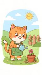 Fototapeta premium Cute cartoon cat watering plants in a sunny garden