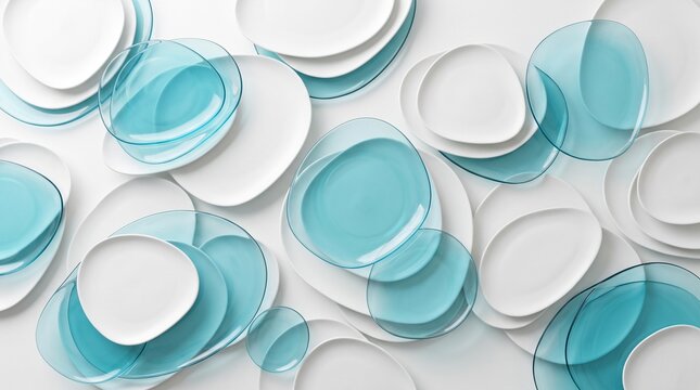 Top view of white and cyan glass plates arranged in a modern abstract kitchen composition.