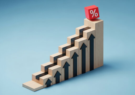 Ascending wooden staircase chart with black rising arrows and red percentage cube on top against soft blue background concept.