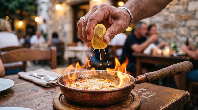 Squeezing Fresh Lemon on Traditional Flaming Saganaki Cheese in Greek Tavern