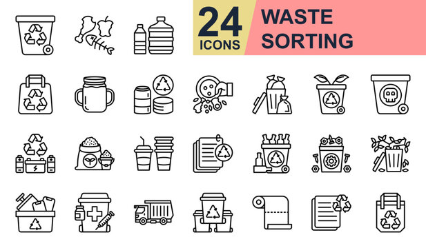 Waste sorting Icons set vector illustration. Containing Recycle Bin, Organic Waste, Food Waste, Compost, E Waste and more. Simple line icons collection.