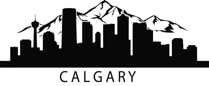 Black and white of calgary skyline with mountains and cityscape