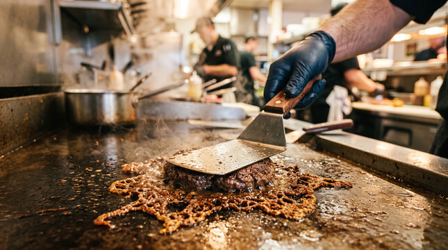Chef pressing a juicy smash burger patty on a hot griddle in restaurant kitchen