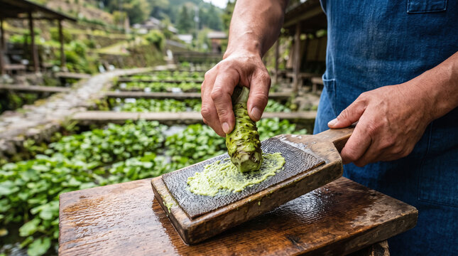 Chef grating fresh wasabi rhizome on traditional sharkskin grater at a farm