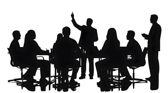 Business strategy meeting silhouette vector of a team surrounding conference table with a leader pointing up. Ideal concept for corporate planning, decision making, and teamwork.