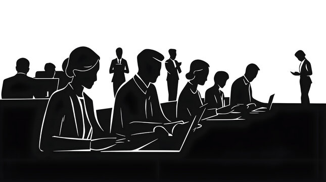 Modern office productivity silhouette vector of corporate employees working on laptops at desks. Concept for busy workplace, technology integration, teamwork, and professional environment.
