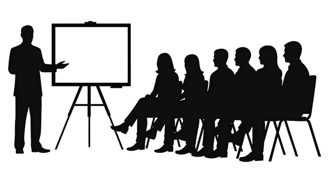 Business seminar silhouette vector of presenter giving lecture with whiteboard presentation screen to audience seated in meeting room. Corporate workshop and coaching education concept.