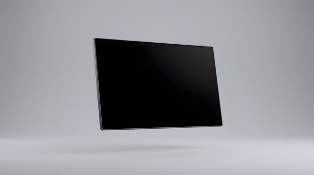Minimalist floating tablet mockup with blank black screen on clean gray studio background, featuring sleek metal frame and angled perspective for digital interface display presentation.