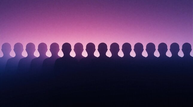 Silhouettes of group against purple-pink gradient suggest gathering, crowd, audience. Abstract figures imply anonymity individuality. Colorful background enhances modern digital art. Perfect for