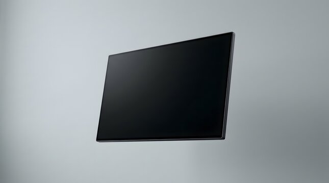 Minimalist slim black digital display mockup floating in a neutral gray studio environment, sleek widescreen monitor or tablet with blank glass screen shown from an angled perspective.