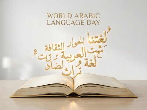 Open book with floating golden arabic calligraphy for world arabic language day event