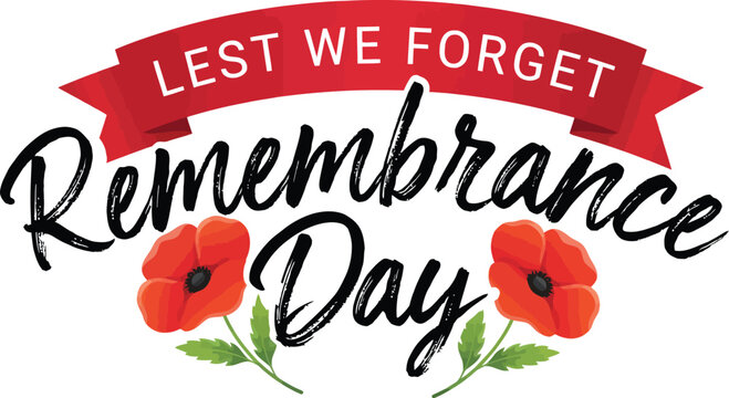 Red poppy flowers with remembrance day text and ribbon banner