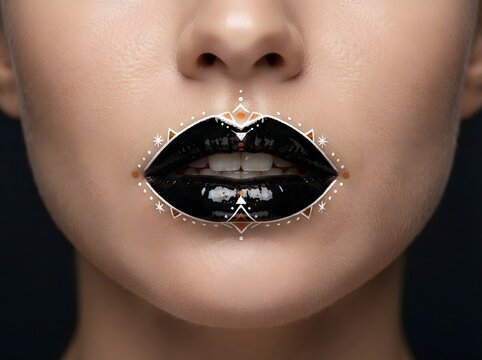 Woman with black lips wearing a silver metal lip ring in a dark artistic portrait