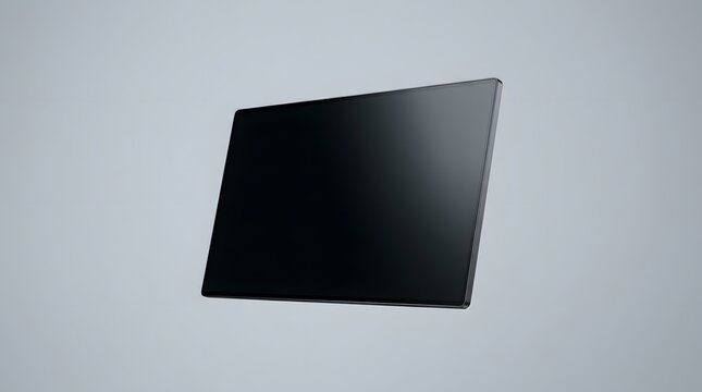 Sleek digital tablet computer or thin monitor floating in a neutral studio space, featuring a blank black screen and slim bezels, presented at a perspective angle for UI/UX design mockups.