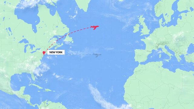 Animated flight path map showing an international travel route from New York to Istanbul on a green and blue world map.