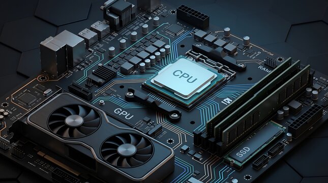 Isometric view of computer motherboard with cpu socket gpu and memory modules for high tech computing