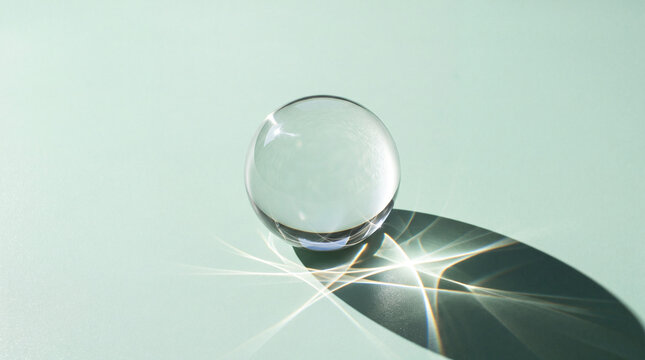 Glass sphere casting shadow with light reflections on smooth surface creating abstract