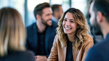 Fototapeta premium A smiling woman in a brown jacket sitting in a meeting with a group of people.