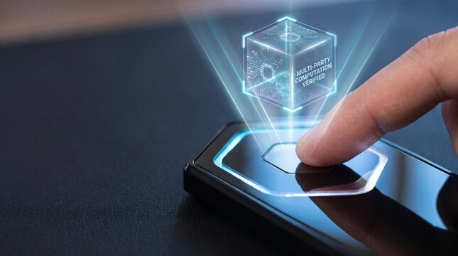 Finger activating hardware biometric scanner projecting holographic multi party computation verified cube for cryptographic authentication