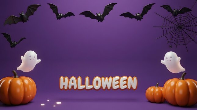 Halloween background with pumpkins ghost characters bats and spider web on purple wall