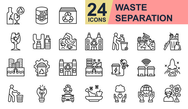 Waste separation Icons set vector illustration. Containing Plastic Waste, Water Pollution, Recycling center, Waste Disposal, Waste Management and more. Simple line icons collection.