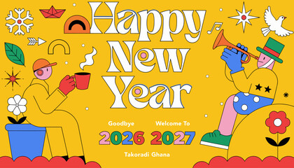 Fototapeta premium Happy New Year 2027 Celebration, Takoradi Ghana, Festive Graphics with People, Music, and Symbols