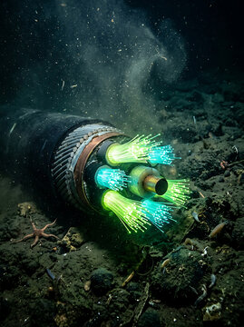 Fiber optic cable with glowing strands on seabed during underwater installation