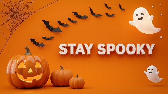 Stay spooky halloween banner with cute ghost pumpkin and bats on an orange background