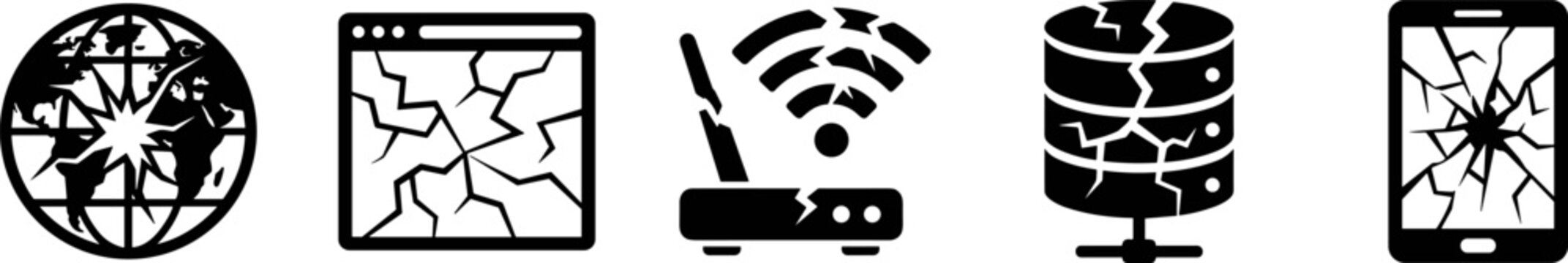 Broken technology icons including internet globe, web browser, wifi router, server and smartphone screen