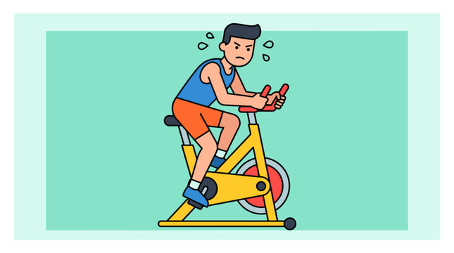 Man on stationary exercise bike, sweating and looking determined, flat design vector illustration