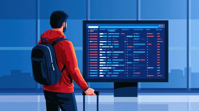 A man in a red jacket and blue backpack standing in front of a large digital display at an airport terminal.