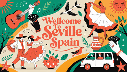Fototapeta premium Welcome to Seville, Spain: Spanish Culture, Flamenco Dance, Guitar, Sun, Travel Destination