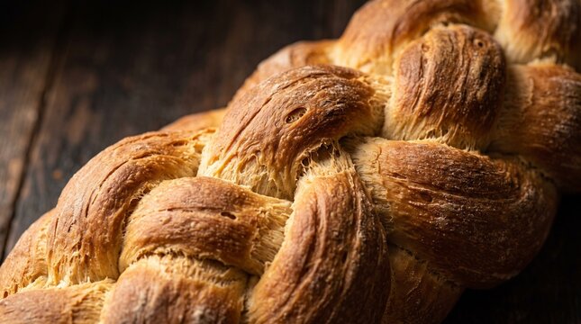 Closeup of a goldenbrown braided challah bread on a rustic wooden surface.